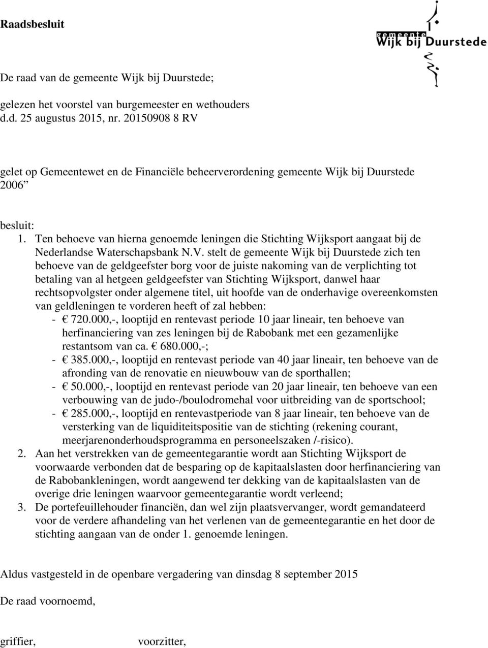 Ten behoeve van hierna genoemde leningen die Stichting Wijksport aangaat bij de Nederlandse Waterschapsbank N.V.