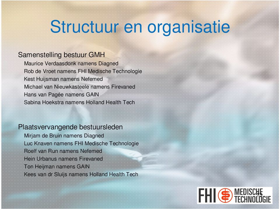 namens Holland Health Tech Plaatsvervangende bestuursleden Mirjam de Bruin namens Diagned Luc Knaven namens FHI Medische