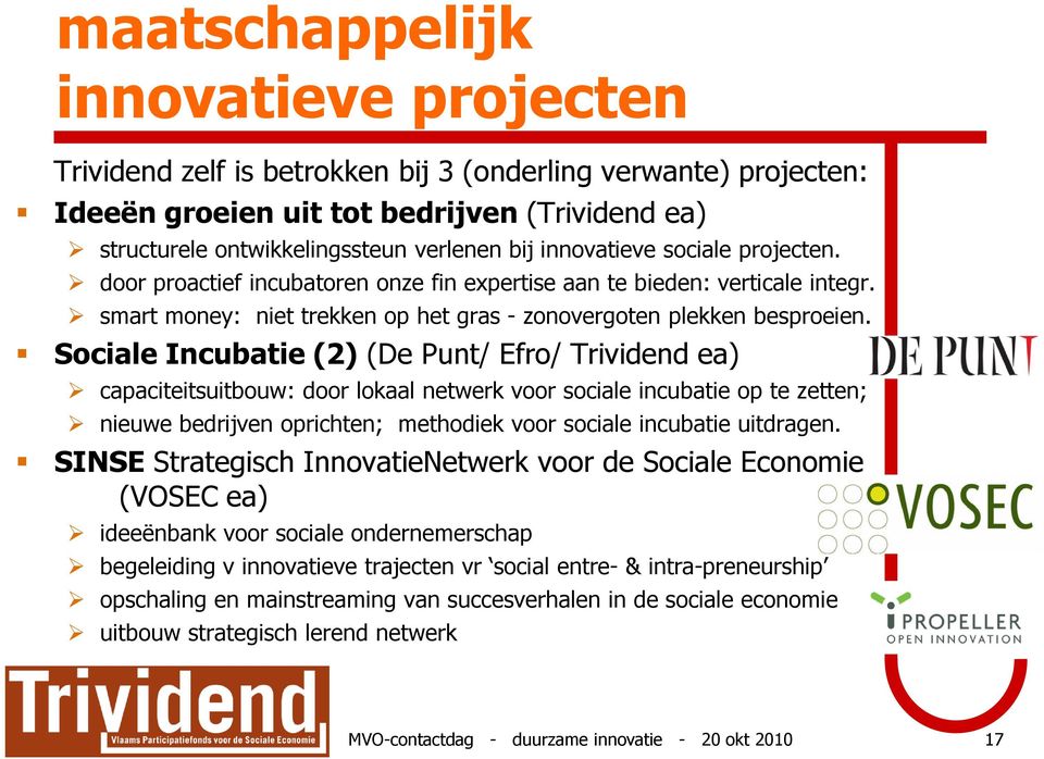 Sociale Incubatie (2) (De Punt/ Efro/ Trividend ea) capaciteitsuitbouw: door lokaal netwerk voor sociale incubatie op te zetten; nieuwe bedrijven oprichten; methodiek voor sociale incubatie uitdragen.
