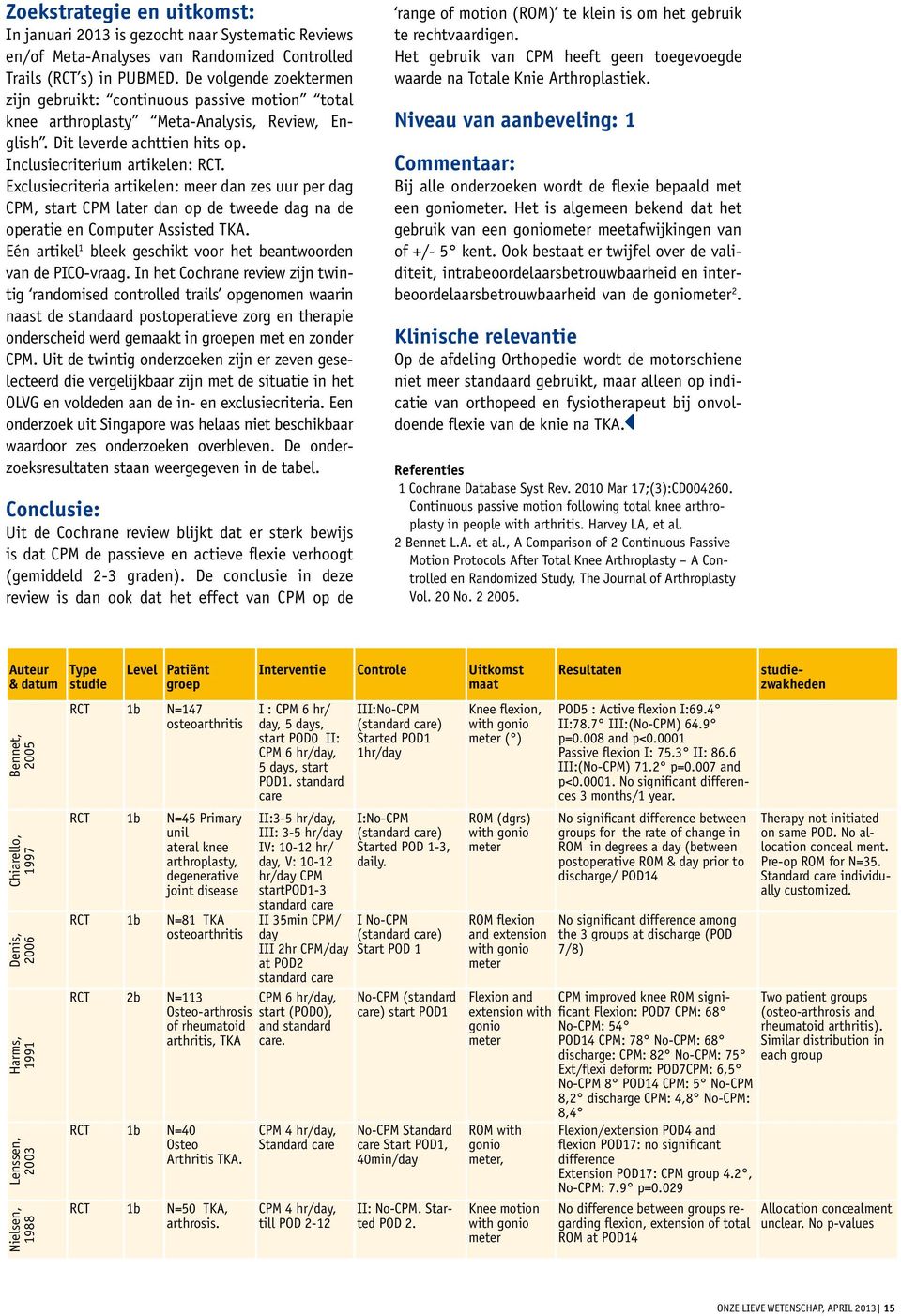 Exclusiecriteria artikelen: meer dan zes uur per dag CPM, start CPM later dan op de tweede dag na de operatie en Computer Assisted TKA.