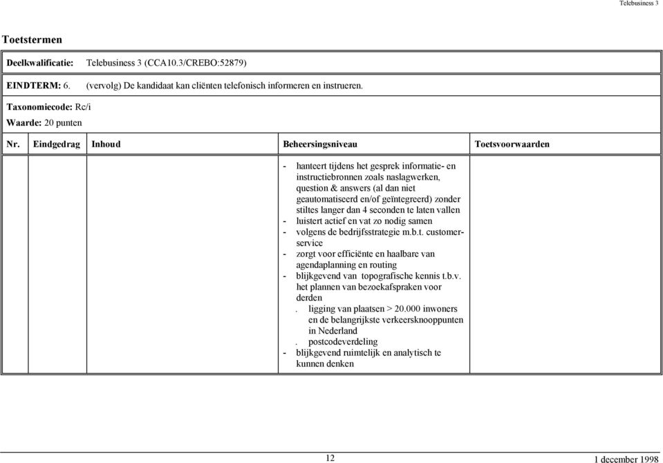 geïntegreerd) zonder stiltes langer dan 4 seconden te laten vallen - luistert actief en vat zo nodig samen - volgens de bedrijfsstrategie m.b.t. customerservice - zorgt voor efficiënte en haalbare van agendaplanning en routing - blijkgevend van topografische kennis t.