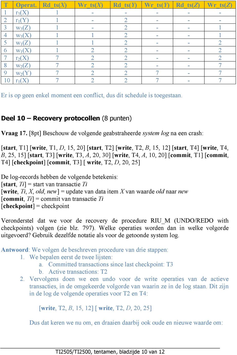 2 8 w 2 (Z) 7 2 2 - - 7 9 w 2 (Y) 7 2 2 7-7 10 r 1 (X) 7 2 2 7-7 Er is op geen enkel moment een conflict, dus dit schedule is toegestaan. Deel 10 Recovery protocollen (8 punten) Vraag 17.