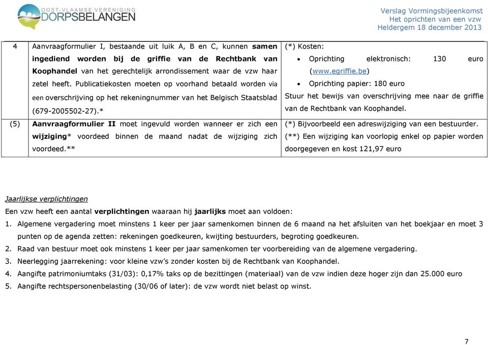 * (5) Aanvraagformulier II moet ingevuld worden wanneer er zich een wijziging* voordeed binnen de maand nadat de wijziging zich voordeed.** (*) Kosten: Oprichting elektronisch: 130 euro (www.egriffie.