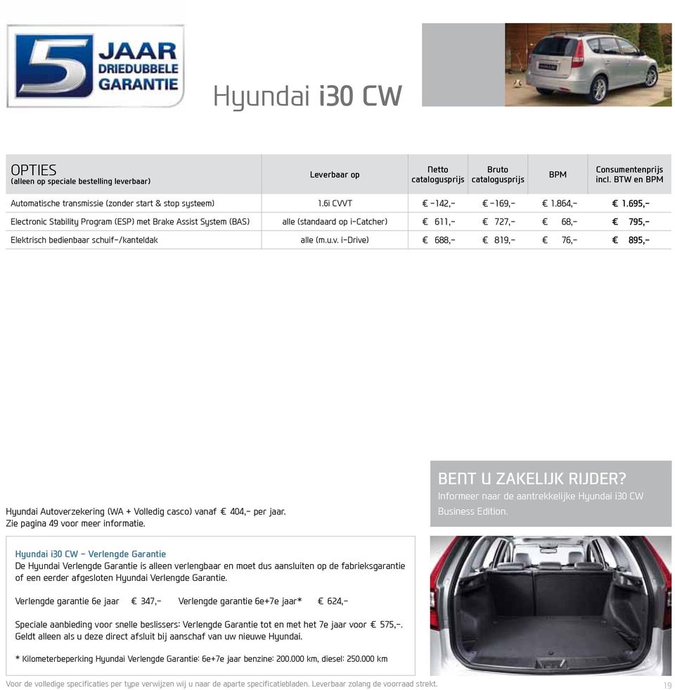 i-drive) 688,- 819,- 76,- 895,- Hyundai Autoverzekering (WA + Volledig casco) vanaf 404,- per jaar. Zie pagina 49 voor meer informatie. BENT U ZAKELIJK RIJDER?
