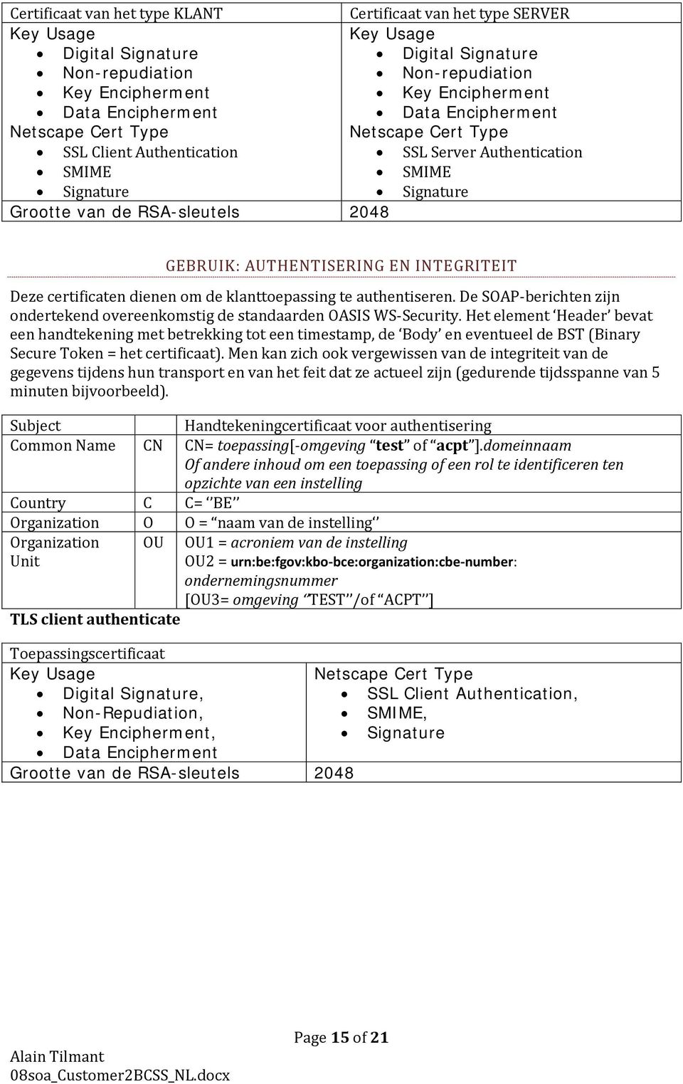 AUTHENTISERING EN INTEGRITEIT Deze certificaten dienen om de klanttoepassing te authentiseren. De SOAP-berichten zijn ondertekend overeenkomstig de standaarden OASIS WS-Security.