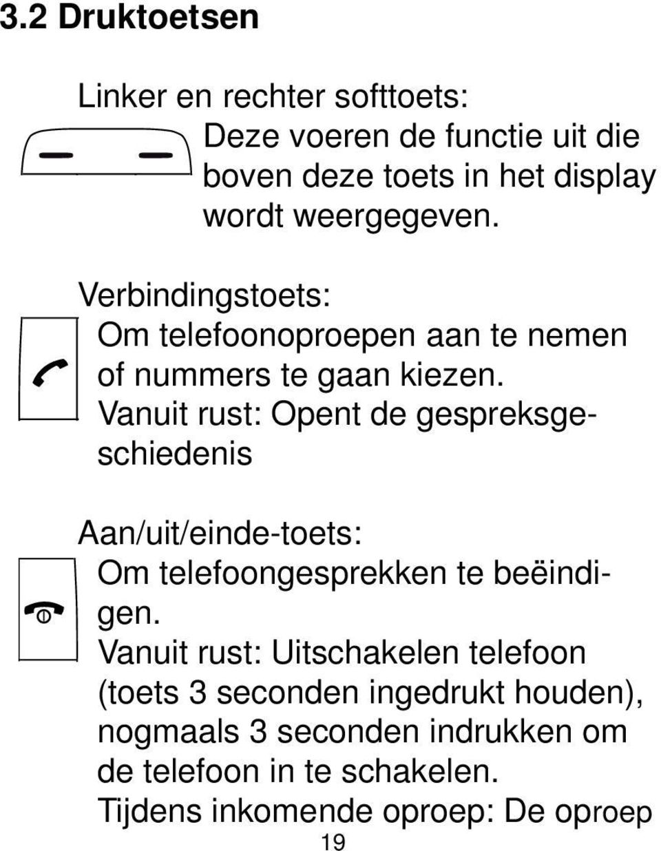 Vanuit rust: Opent de gespreksgeschiedenis Aan/uit/einde-toets: Om telefoongesprekken te beëindigen.