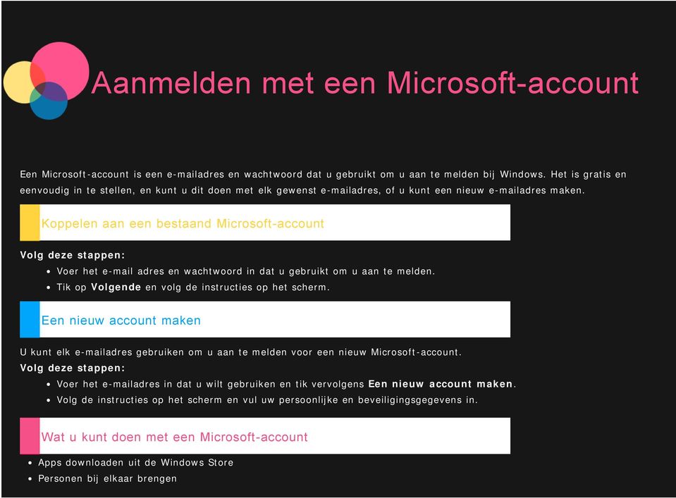 Koppelen aan een bestaand Microsoft-account Volg deze stappen: Voer het e-mail adres en wachtwoord in dat u gebruikt om u aan te melden. Tik op Volgende en volg de instructies op het scherm.