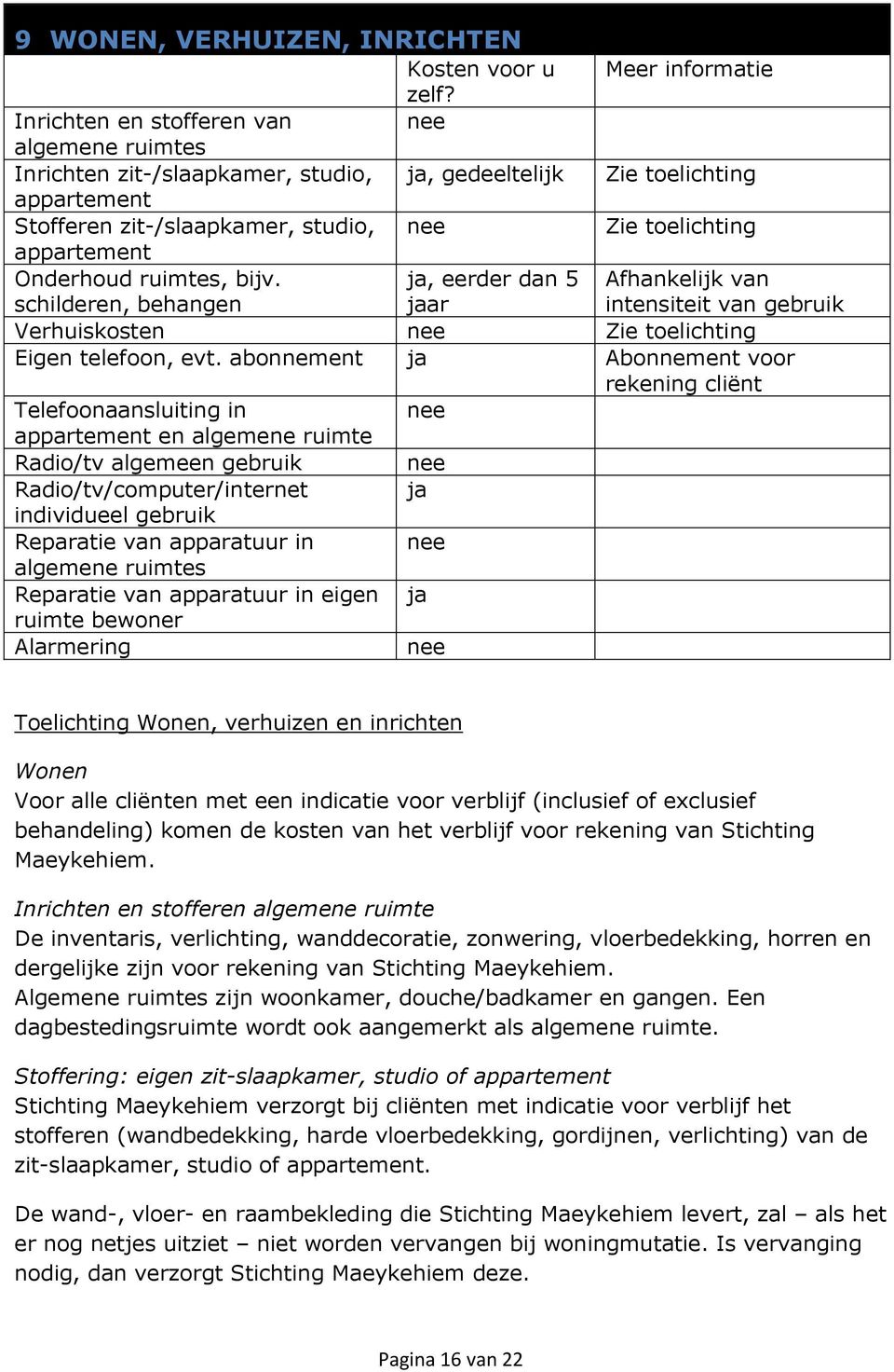 , eerder dan 5 Meer informatie Zie toelichting Zie toelichting Afhankelijk van intensiteit van gebruik schilderen, behangen ar Verhuiskosten nee Zie toelichting Eigen telefoon, evt.