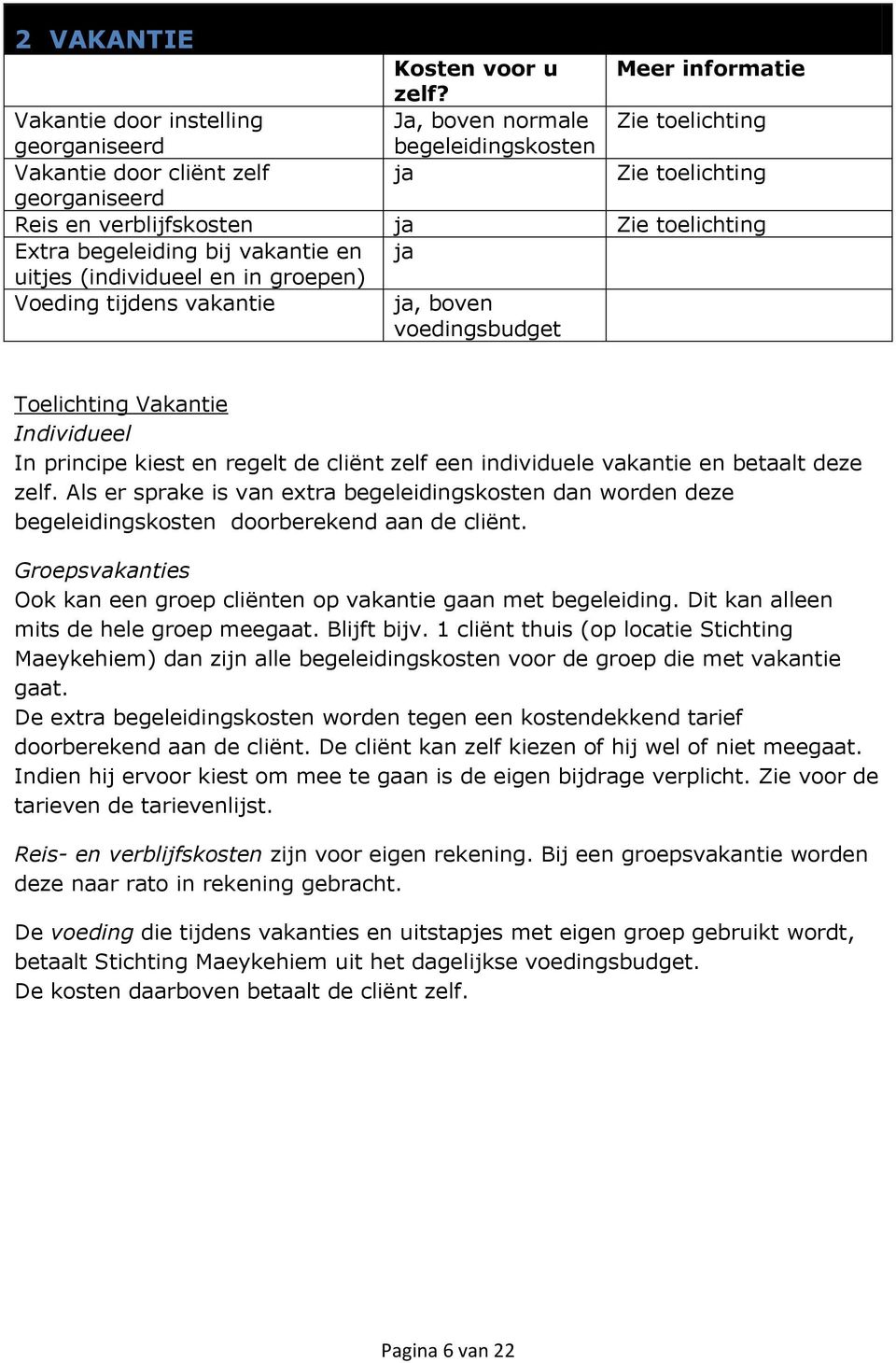 begeleiding bij vakantie en uitjes (individueel en in groepen) Voeding tijdens vakantie, boven voedingsbudget Toelichting Vakantie Individueel In principe kiest en regelt de cliënt zelf een