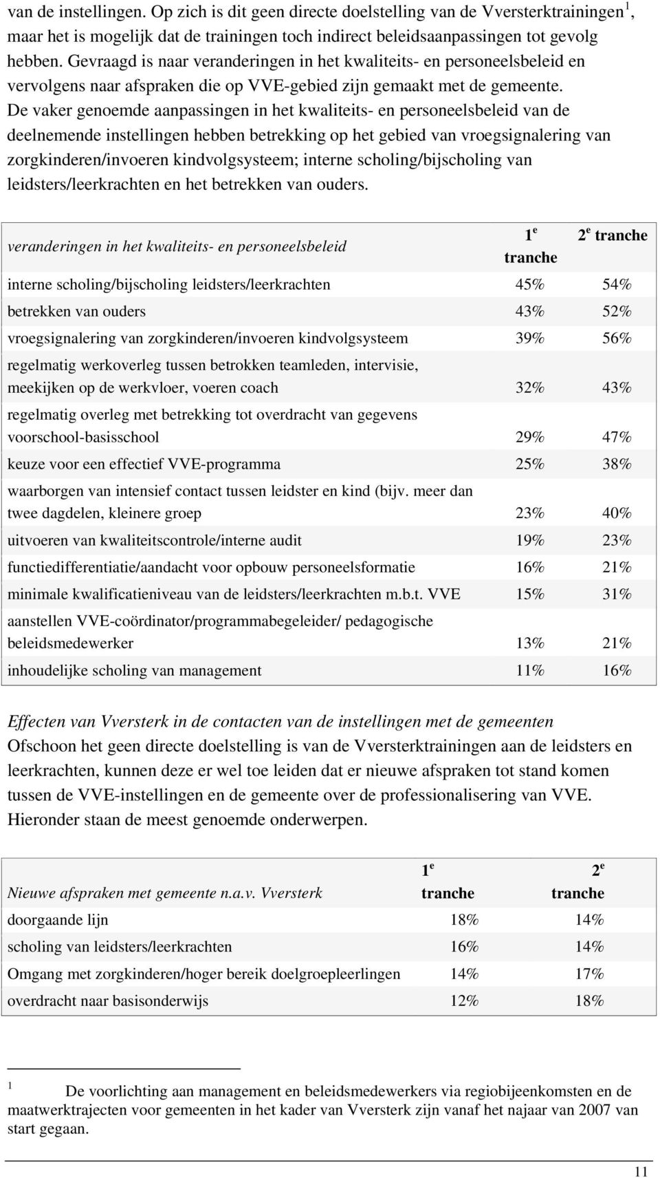 De vaker genoemde aanpassingen in het kwaliteits- en personeelsbeleid van de deelnemende instellingen hebben betrekking op het gebied van vroegsignalering van zorgkinderen/invoeren kindvolgsysteem;