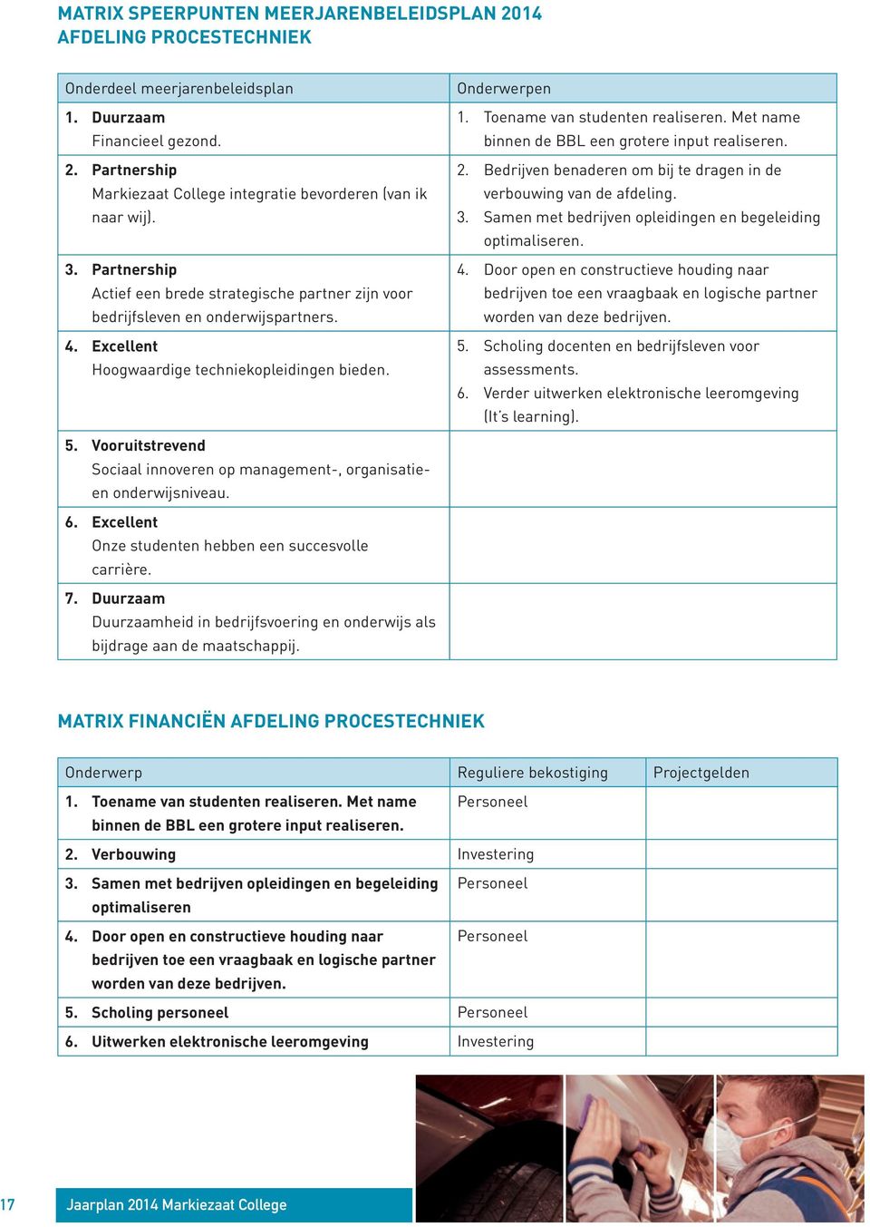 Toename van studenten realiseren. Met name binnen de BBL een grotere input realiseren. 2. Bedrijven benaderen om bij te dragen in de verbouwing van de afdeling. 3.