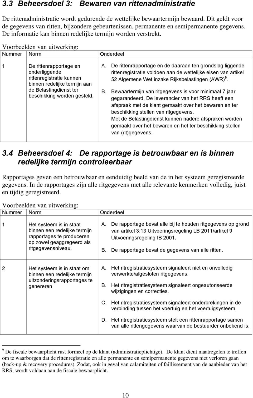 Voorbeelden van uitwerking: Nummer Norm Onderdeel 1 De rittenrapportage en onderliggende rittenregistratie kunnen binnen redelijke termijn aan de Belastingdienst ter beschikking worden gesteld. A.