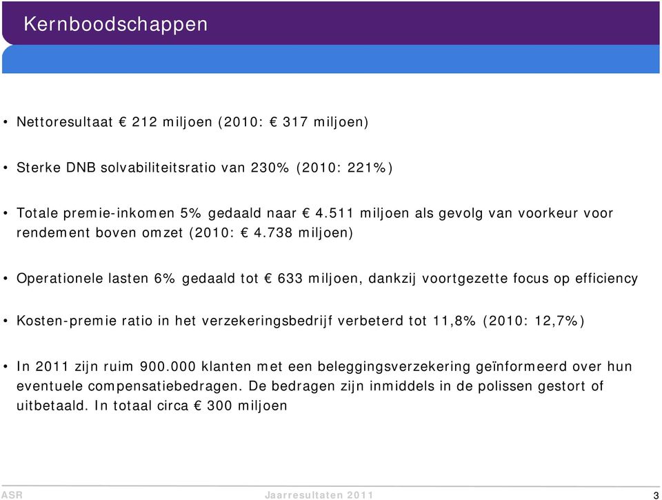 738 miljoen) Operationele lasten 6% gedaald tot 633 miljoen, dankzij voortgezette focus op efficiency Kosten-premie ratio in het verzekeringsbedrijf verbeterd