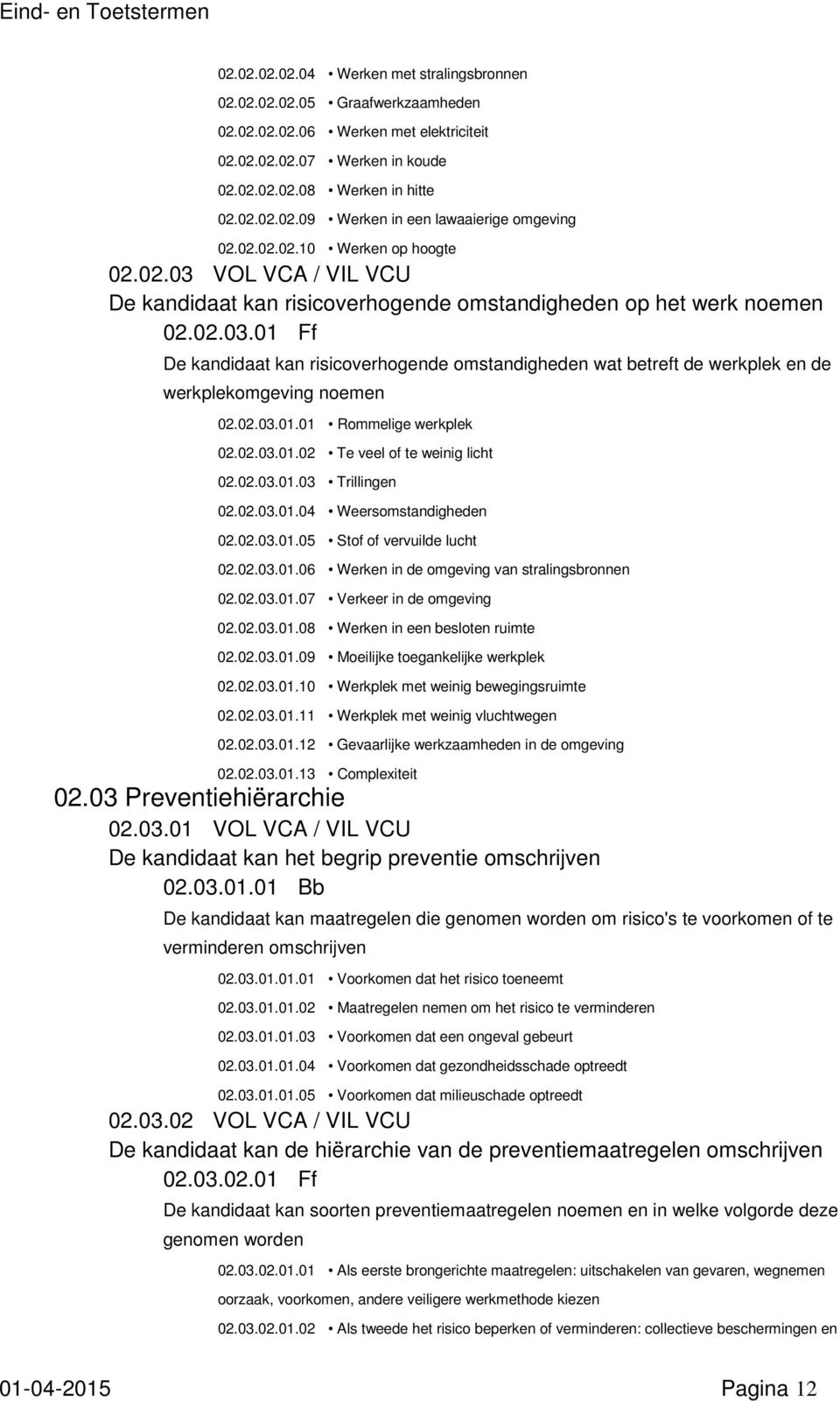 02.03.01.01 Rommelige werkplek 02.02.03.01.02 Te veel of te weinig licht 02.02.03.01.03 Trillingen 02.02.03.01.04 Weersomstandigheden 02.02.03.01.05 Stof of vervuilde lucht 02.02.03.01.06 Werken in de omgeving van stralingsbronnen 02.