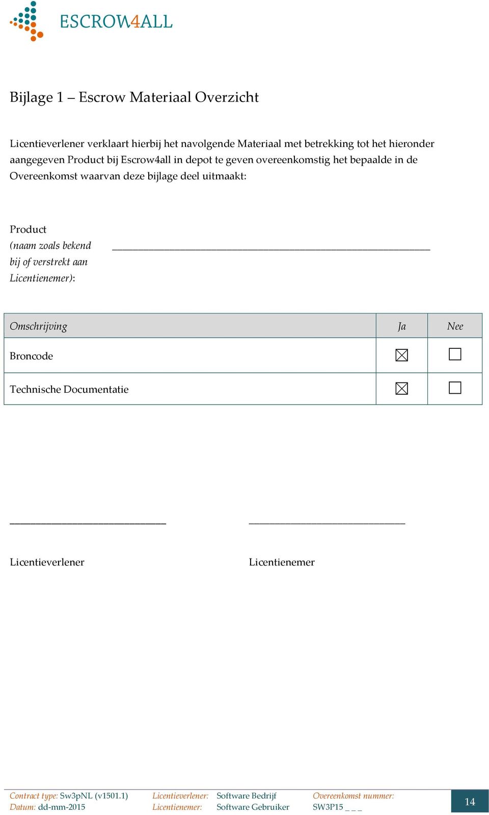 (naam(zoals(bekend(( bij(of(verstrekt(aan( Licentienemer): Omschrijving$ Ja$ Nee( Broncode TechnischeDocumentatie$ $ Licentieverlener