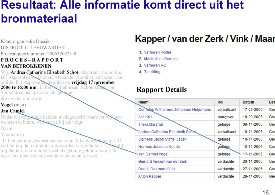 politiebureau, Schoutstraat 1 te Spijkenisse, een persoon als getuige, die verklaarde te zijn: Vogel (man) Jan Camiel Nadat wij de getuige hadden medegedeeld waarover wij hem wensten te horen,