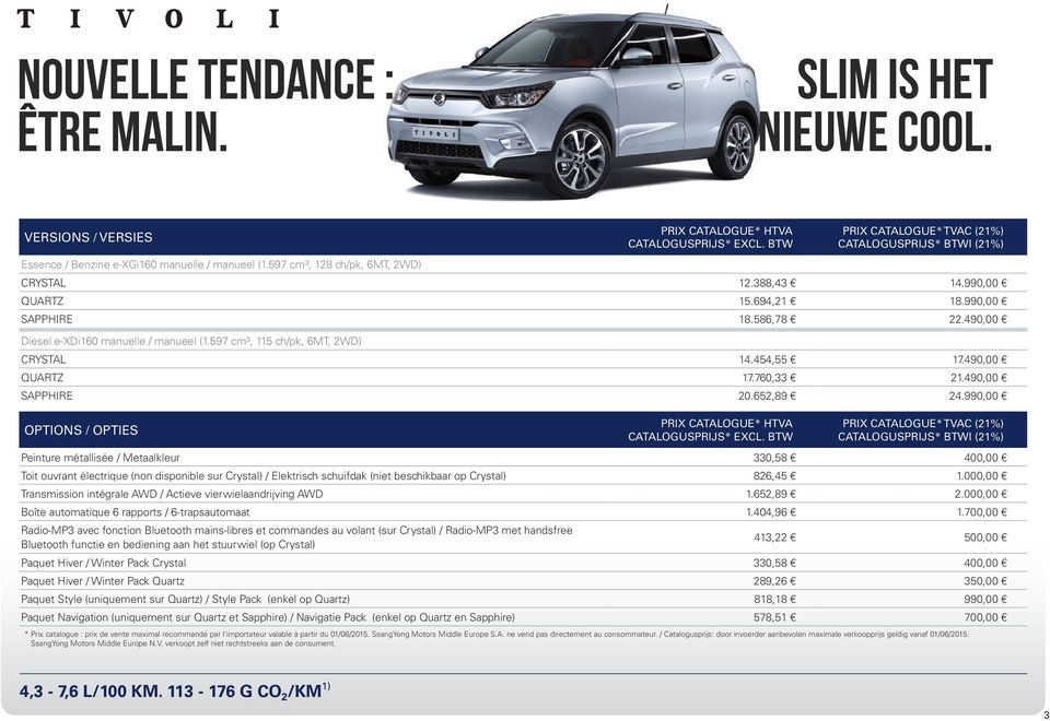 990,00 Peinture métallisée / Metaalkleur 330,58 400,00 Toit ouvrant électrique (non disponible sur Crystal) / Elektrisch schuifdak (niet beschikbaar op Crystal) 826,45 1.