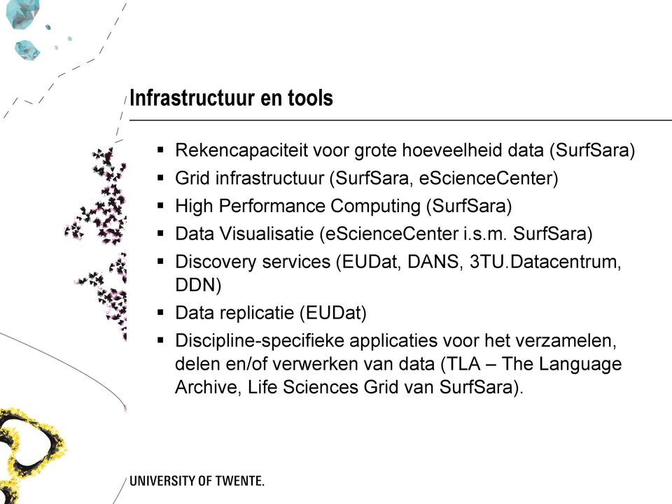 Datacentrum, DDN) Data replicatie (EUDat) Discipline-specifieke applicaties voor het verzamelen, delen en/of