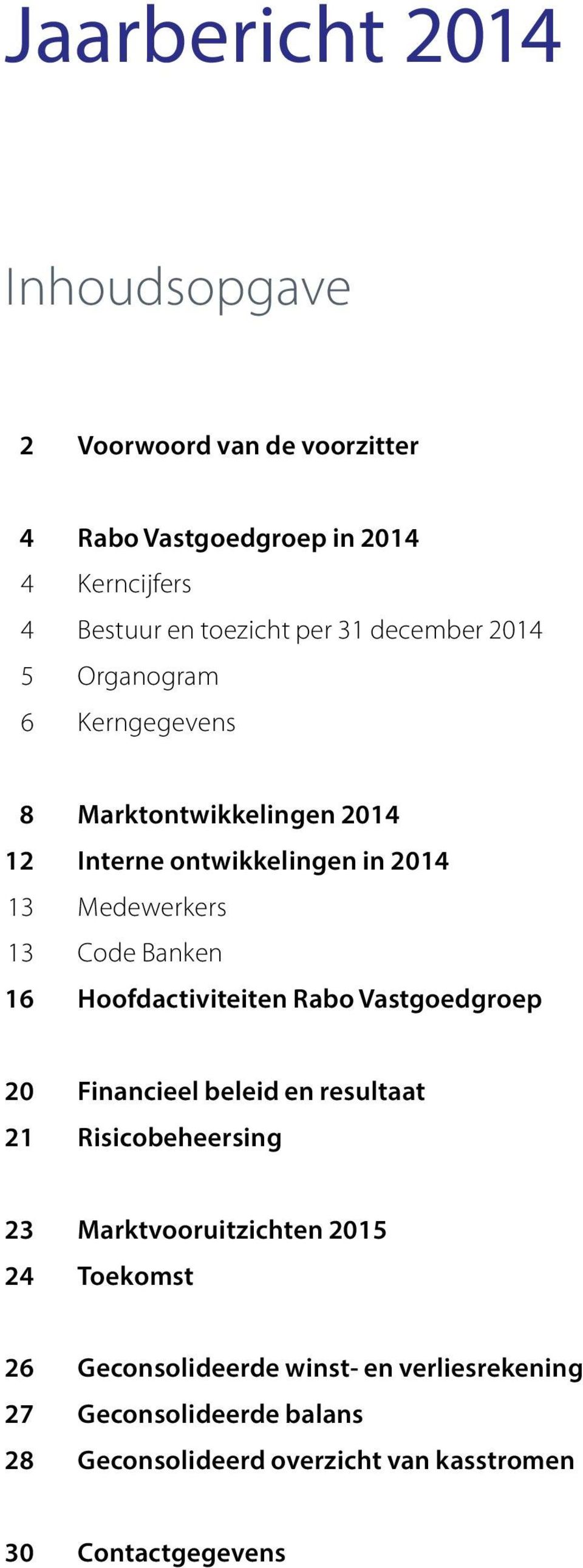 16 Hoofdactiviteiten Rabo Vastgoedgroep 20 Financieel beleid en resultaat 21 Risicobeheersing 23 Marktvooruitzichten 2015 24