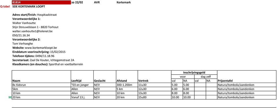 96 Secretariaat: Zaal De Kouter, Ichtegemstraat 2A Kleedkamers (en douches): Sporthal en voetbalterrein 8x Kidsrun 03 en jonger M/V 300-1.200m 11u30 5.00 5.