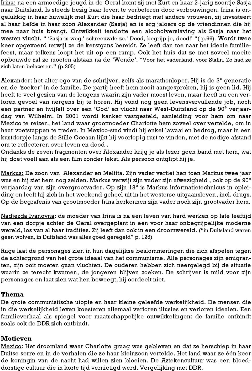 huis brengt. Ontwikkelt tenslotte een alcoholverslaving als Sasja naar het westen vlucht. Sasja is weg, schreeuwde ze. Dood, begrijp je, dood! ( p.66).