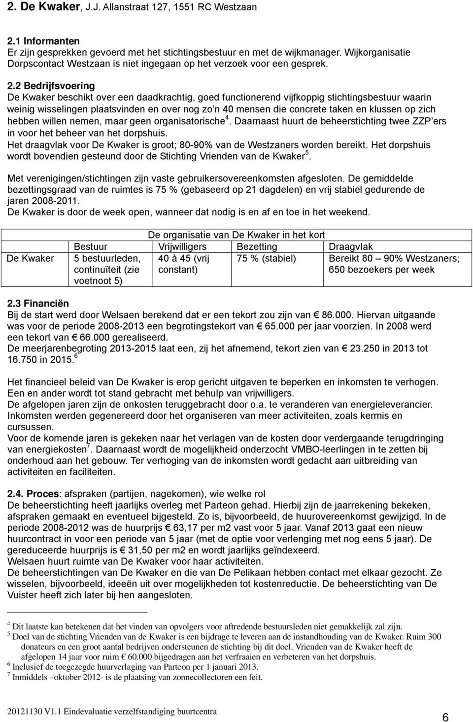 2 Bedrijfsvoering De Kwaker beschikt over een daadkrachtig, goed functionerend vijfkoppig stichtingsbestuur waarin weinig wisselingen plaatsvinden en over nog zo n 40 mensen die concrete taken en