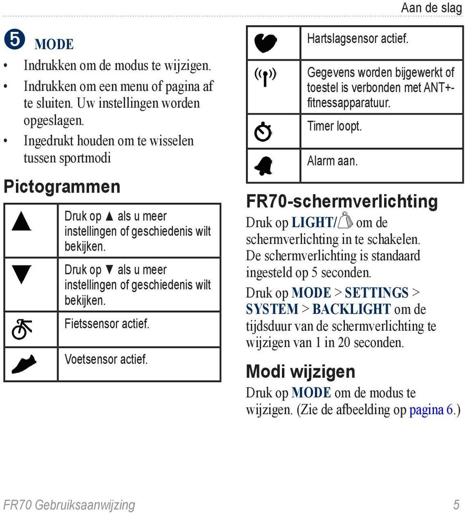 Voetsensor actief. Hartslagsensor actief. Gegevens worden bijgewerkt of toestel is verbonden met ANT+fitnessapparatuur. Timer loopt. Alarm aan.