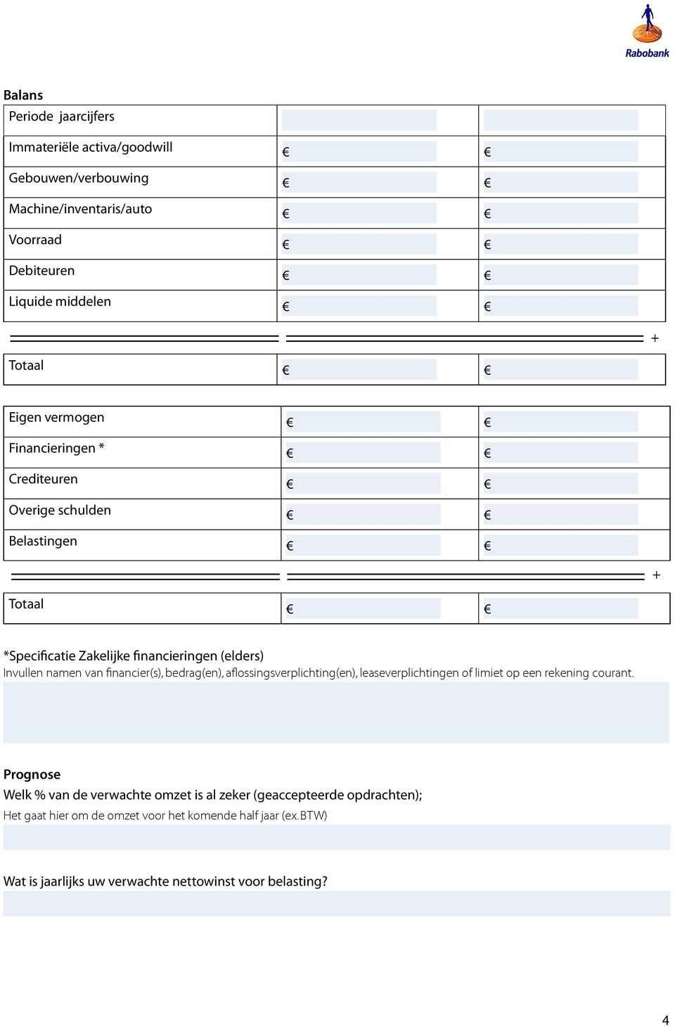 financier(s), bedrag(en), aflossingsverplichting(en), leaseverplichtingen of limiet op een rekening courant.