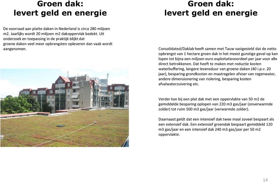 Consolidated/Daklab heeft samen met Tauw vastgesteld dat de netto opbrengst van 1 hectare groen dak in het meest gunstige geval op kan lopen tot bijna een miljoen euro exploitatievoordeel per jaar
