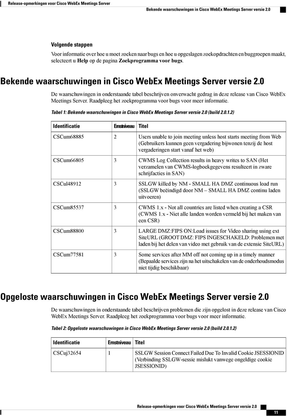 Bekende waarschuwingen in Cisco WebEx Meetings Server versie.0 De waarschuwingen in onderstaande tabel beschrijven onverwacht gedrag in deze release van Cisco WebEx Meetings Server.