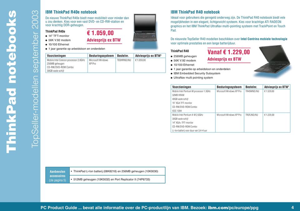 0GHz 256MB geheugen CD-RW/DVD-ROM Combo 30GB vaste schijf 1.059,00 Microsoft Windows XP Pro TE0HRND/NU 1.059,00 IBM ThinkPad R40 notebook Ideaal voor gebruikers die geregeld onderweg zijn.