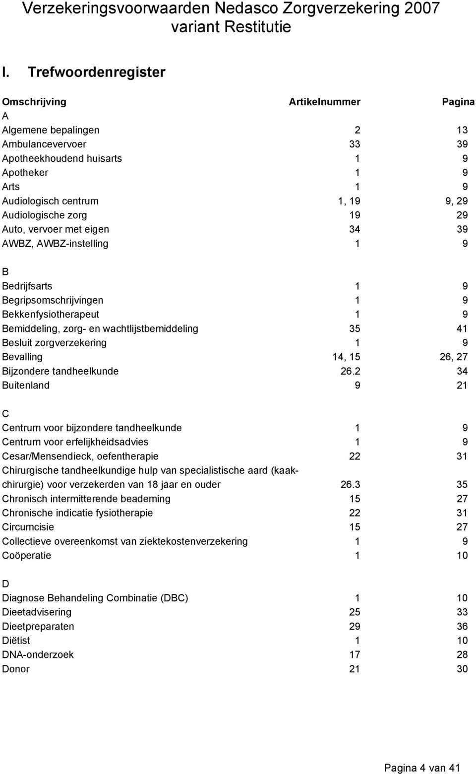 41 Besluit zorgverzekering 1 9 Bevalling 14, 15 26, 27 Bijzondere tandheelkunde 26.