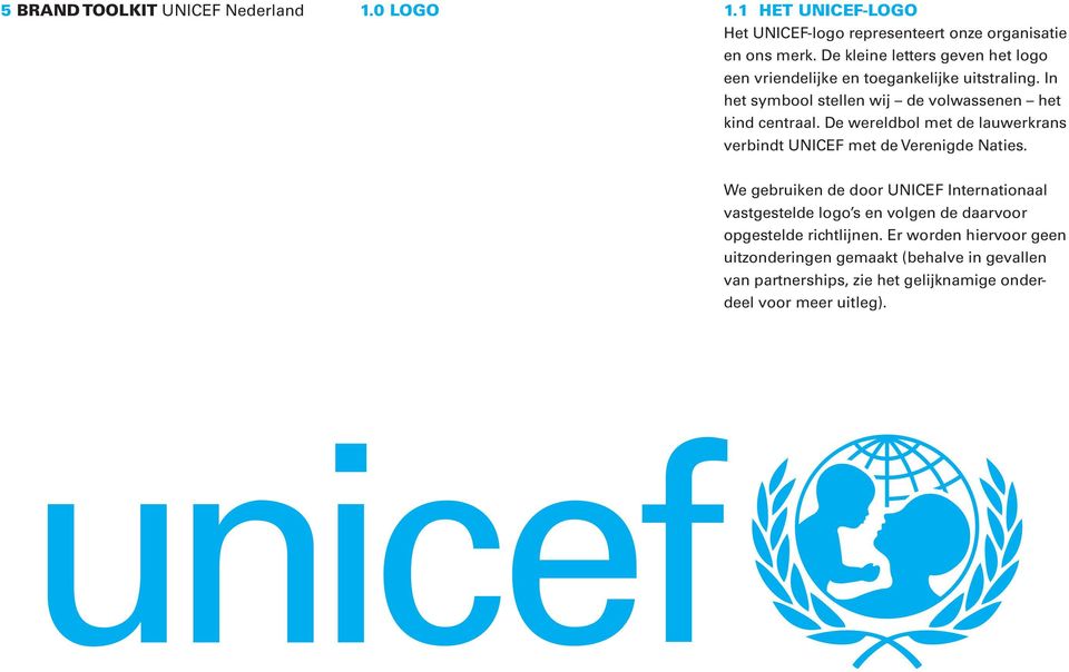 De wereldbol met de lauwerkrans verbindt UNICEF met de Verenigde Naties.