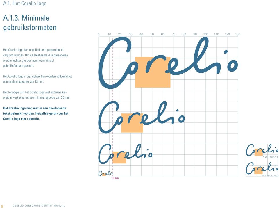 Het Corelio logo in zijn geheel kan worden verkleind tot een minimumgrootte van 13 mm.
