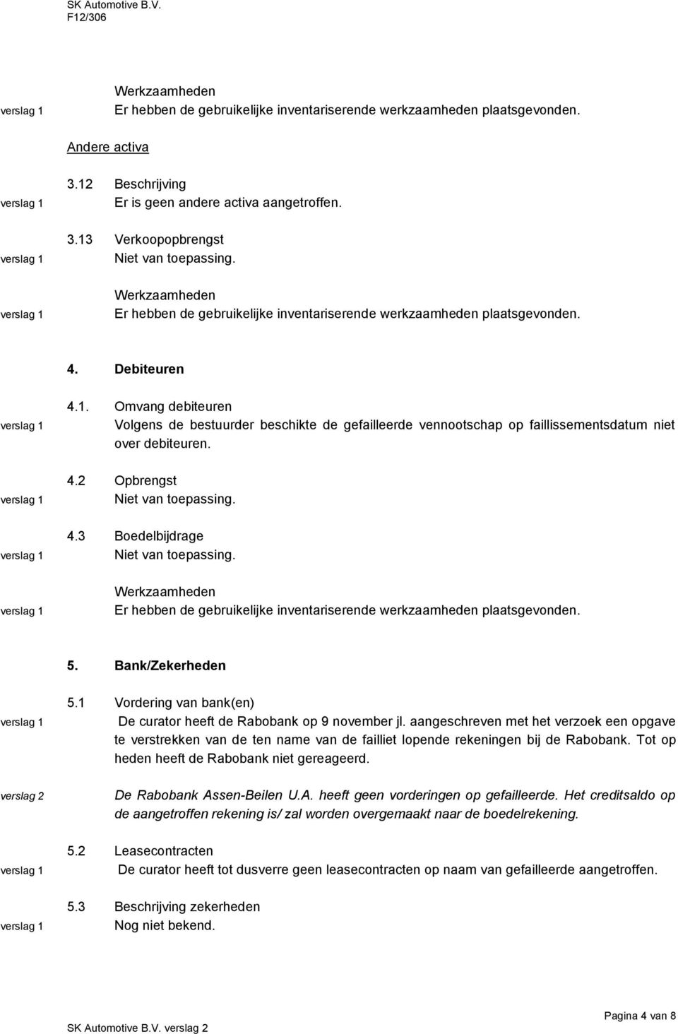 aangeschreven met het verzoek een opgave te verstrekken van de ten name van de failliet lopende rekeningen bij de Rabobank. Tot op heden heeft de Rabobank niet gereageerd. De Rabobank Assen-Beilen U.