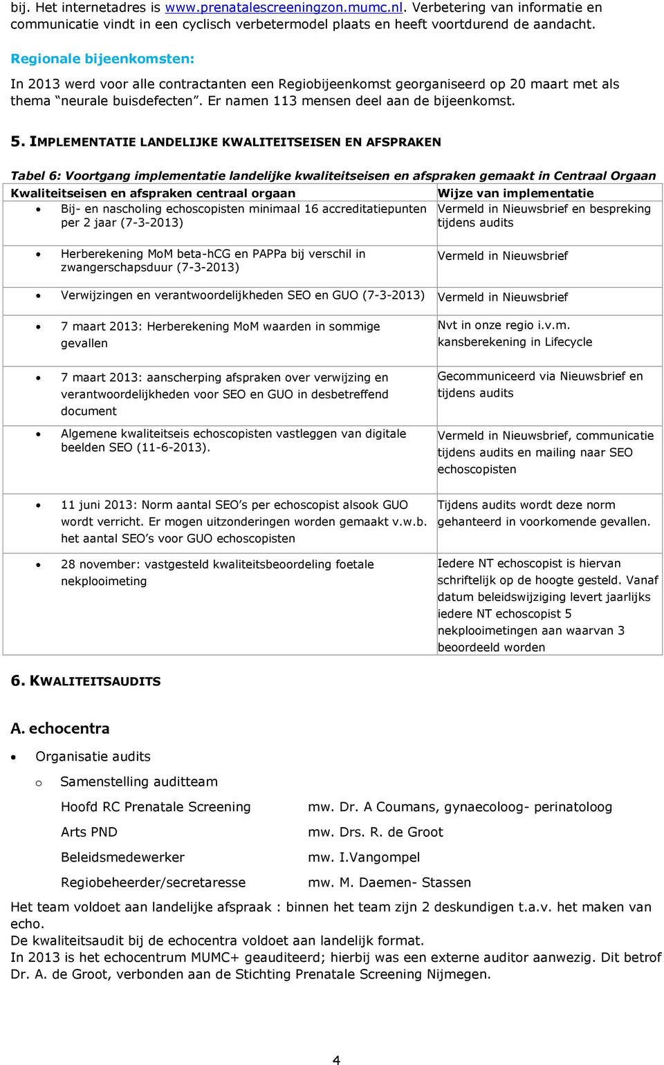 IMPLEMENTATIE LANDELIJKE KWALITEITSEISEN EN AFSPRAKEN Tabel 6: Voortgang implementatie landelijke kwaliteitseisen en afspraken gemaakt in Centraal Orgaan Kwaliteitseisen en afspraken centraal orgaan