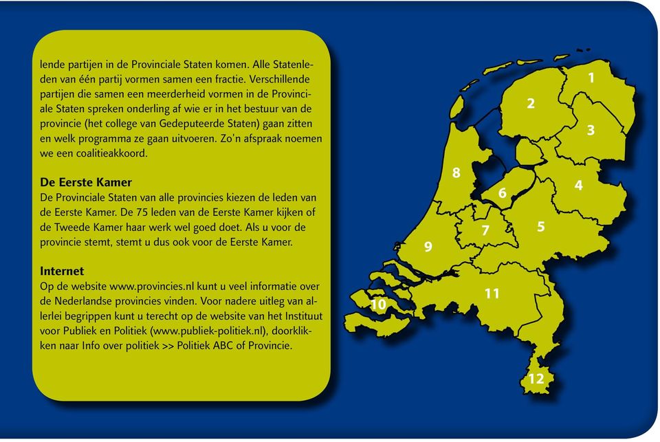 programma ze gaan uitvoeren. Zo n afspraak noemen we een coalitieakkoord. De Eerste Kamer De Provinciale Staten van alle provincies kiezen de leden van de Eerste Kamer.