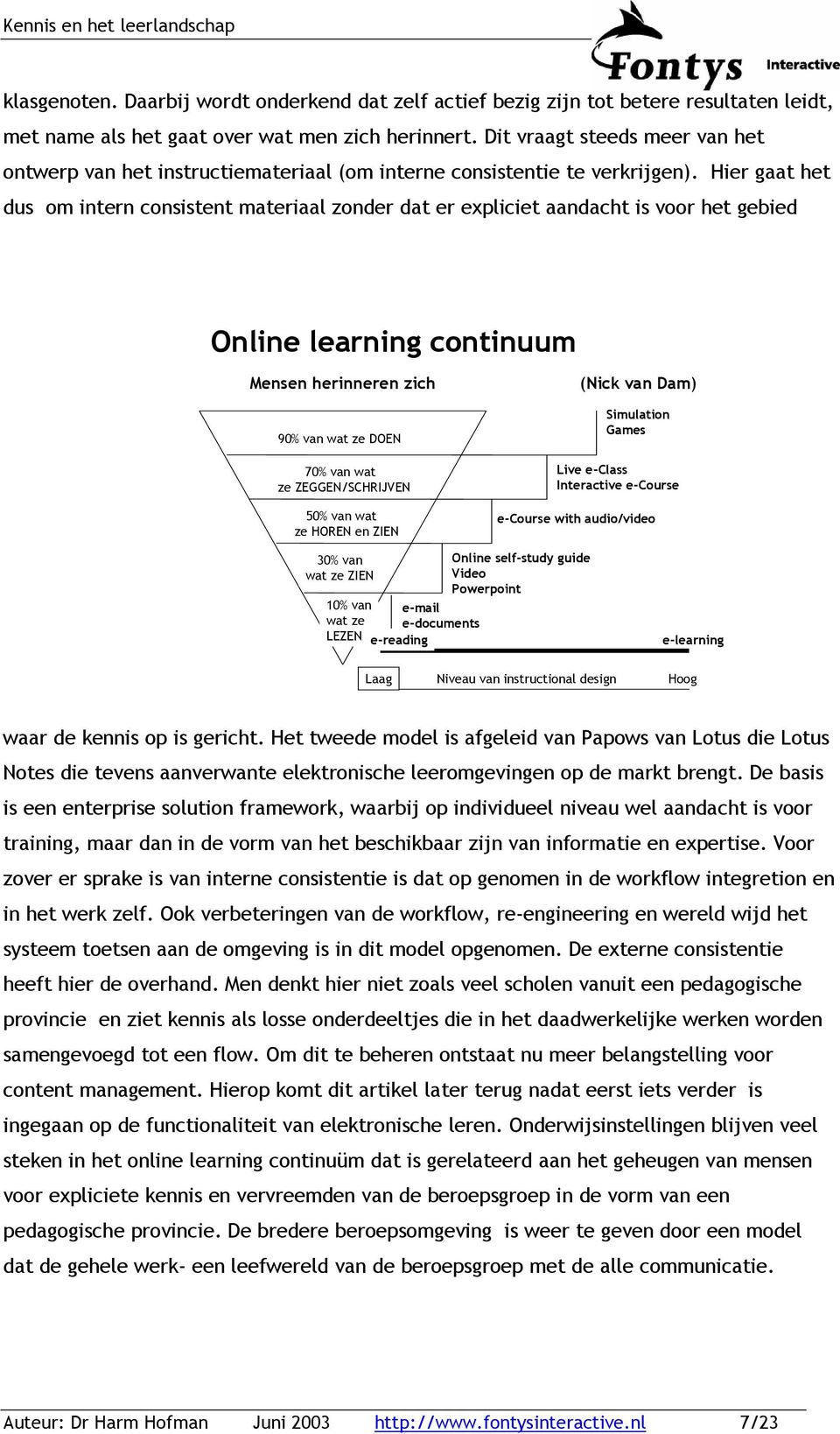 Hier gaat het dus om intern consistent materiaal zonder dat er expliciet aandacht is voor het gebied Online learning continuum Mensen herinneren zich 90% van wat ze DOEN 70% van wat ze
