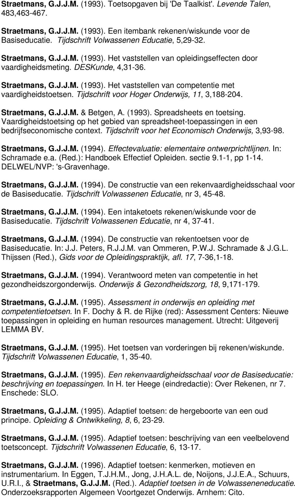 Tijdschrift voor Hoger Onderwijs, 11, 3,188-204. Straetmans, G.J.J.M. & Betgen, A. (1993). Spreadsheets en toetsing.