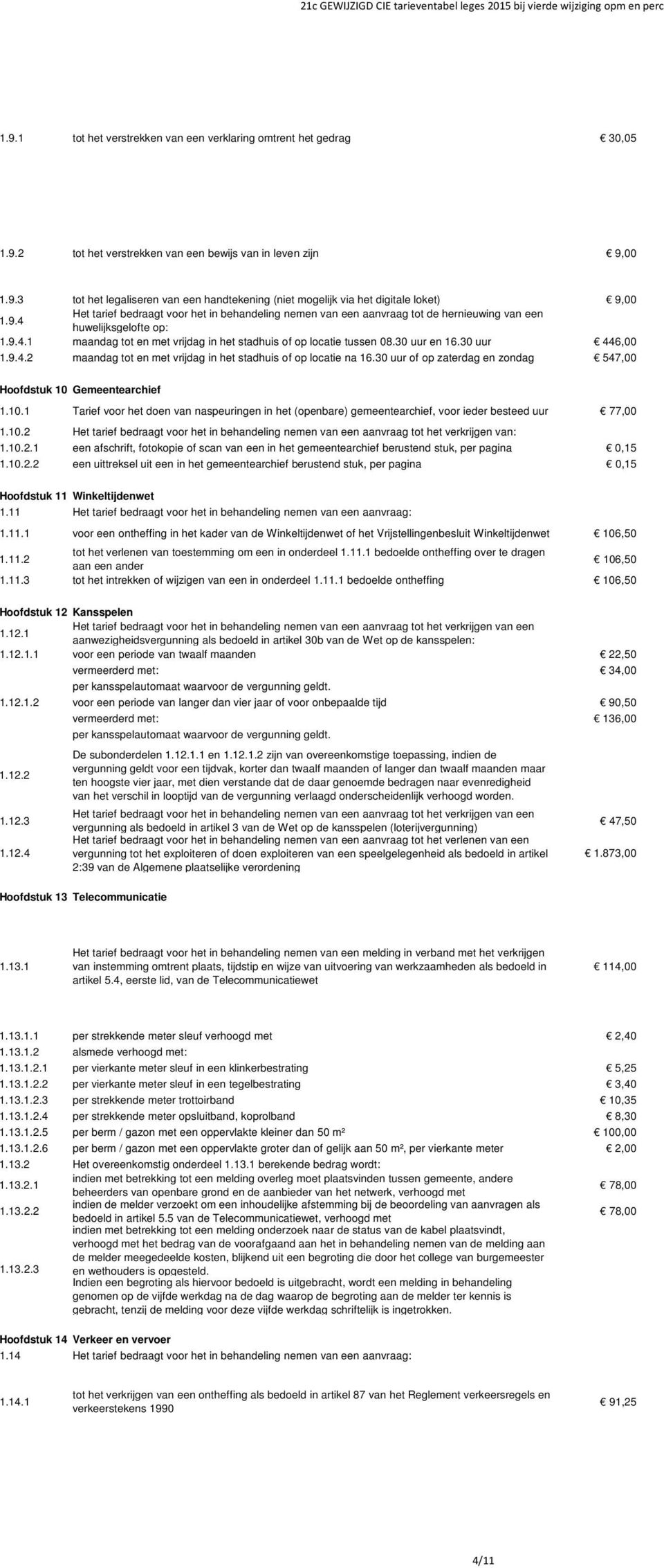 30 uur en 16.30 uur 446,00 1.9.4.2 maandag tot en met vrijdag in het stadhuis of op locatie na 16.30 uur of op zaterdag en zondag 547,00 Hoofdstuk 10 