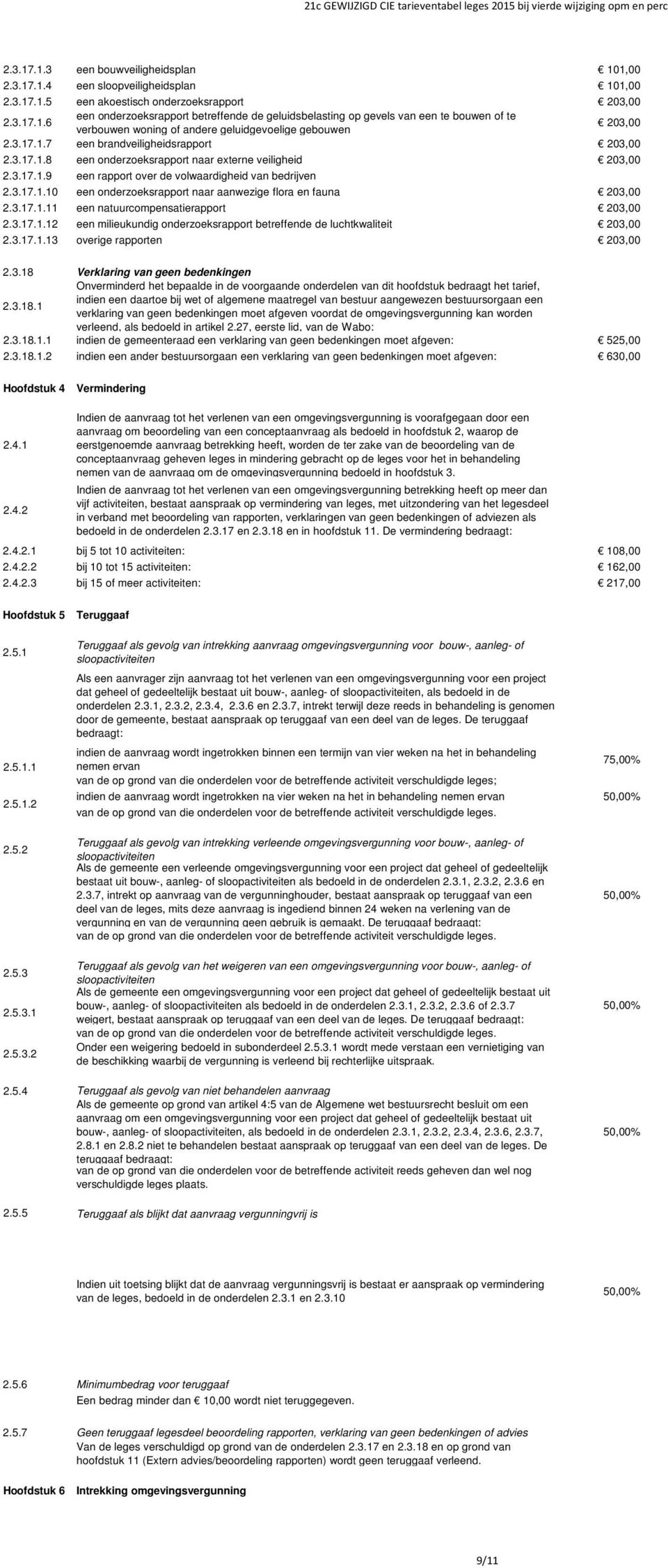 3.17.1.11 een natuurcompensatierapport 203,00 2.3.17.1.12 een milieukundig onderzoeksrapport betreffende de luchtkwaliteit 203,00 2.3.17.1.13 overige rapporten 203,00 2.3.18 Verklaring van geen bedenkingen Onverminderd het bepaalde in de voorgaande onderdelen van dit hoofdstuk bedraagt het tarief, 2.