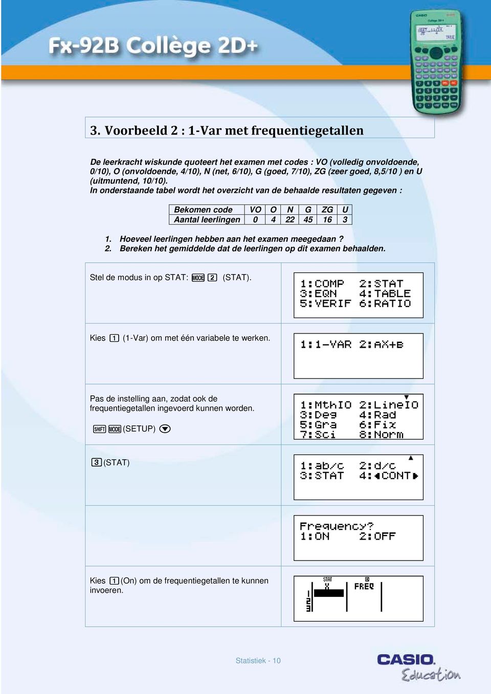 In onderstaande tabel wordt het overzicht van de behaalde resultaten gegeven : Bekomen code VO O N G ZG U Aantal leerlingen 0 4 22 45 16 3 1.