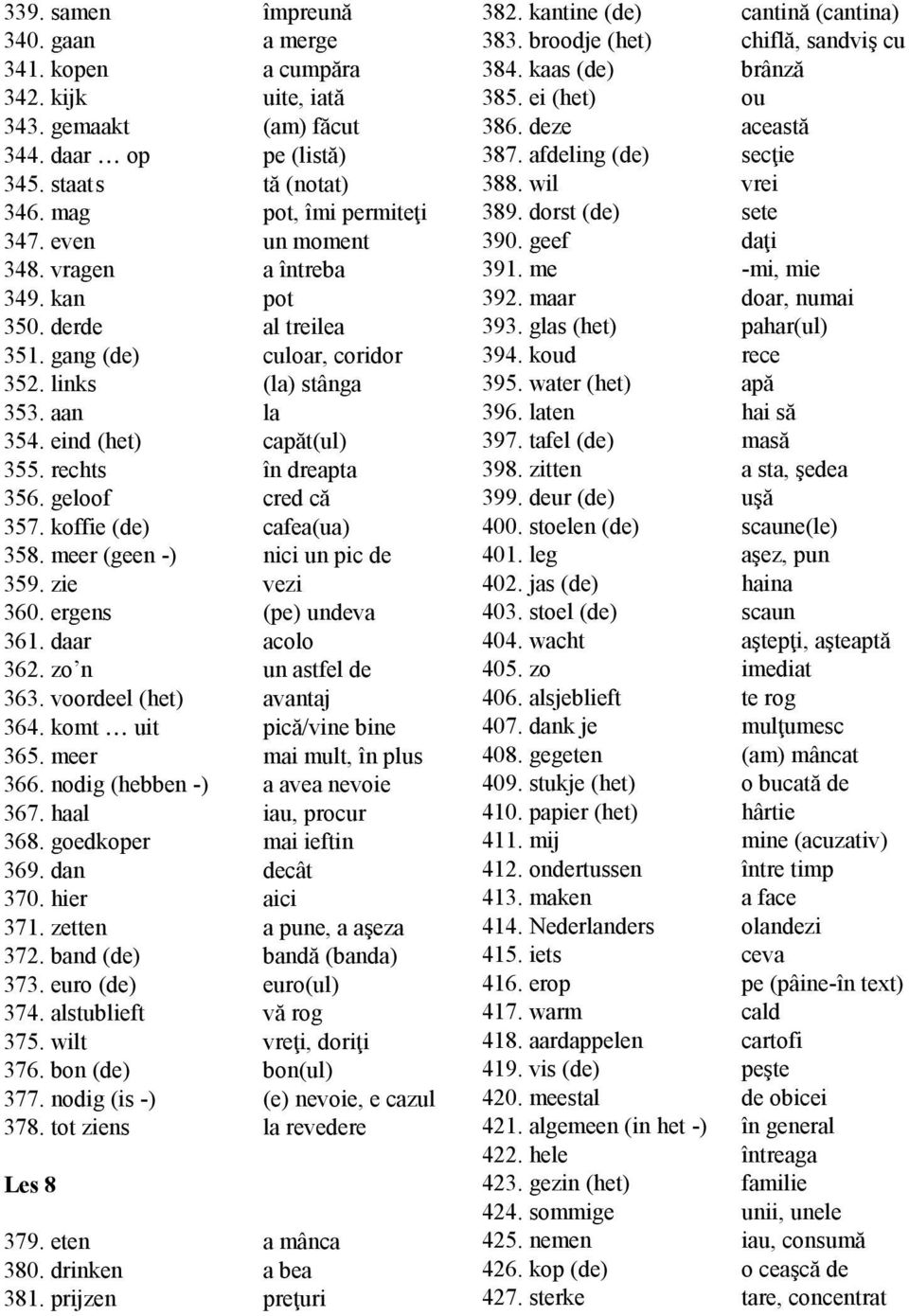 geloof cred că 357. koffie (de) cafea(ua) 358. meer (geen -) nici un pic de 359. zie vezi 360. ergens (pe) undeva 361. daar acolo 362. zo n un astfel de 363. voordeel (het) avantaj 364.