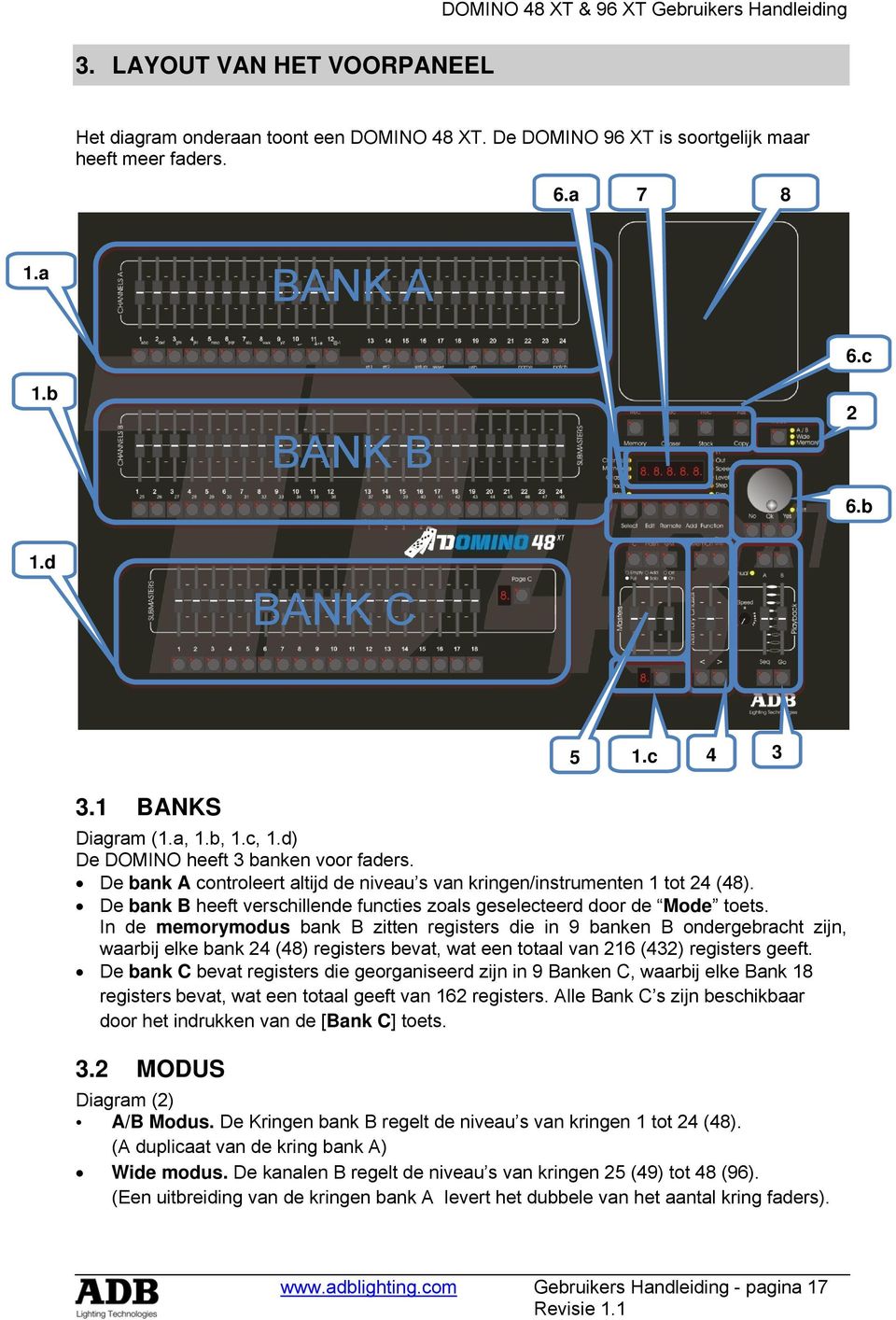 De bank B heeft verschillende functies zoals geselecteerd door de Mode toets.