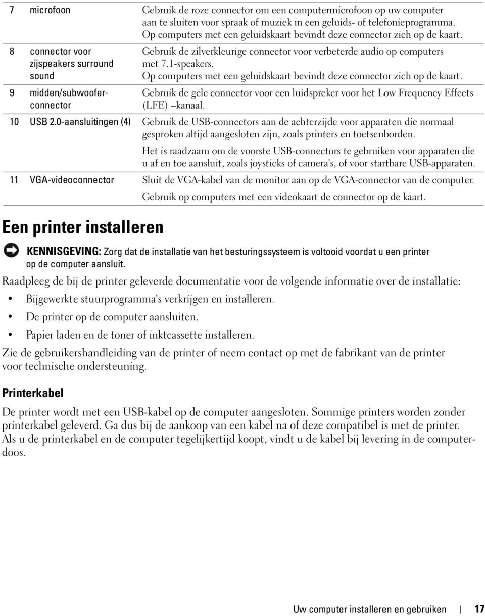 8 connector voor zijspeakers surround sound 9 midden/subwooferconnector Een printer installeren Gebruik de zilverkleurige connector voor verbeterde audio op computers met 7.1-speakers.