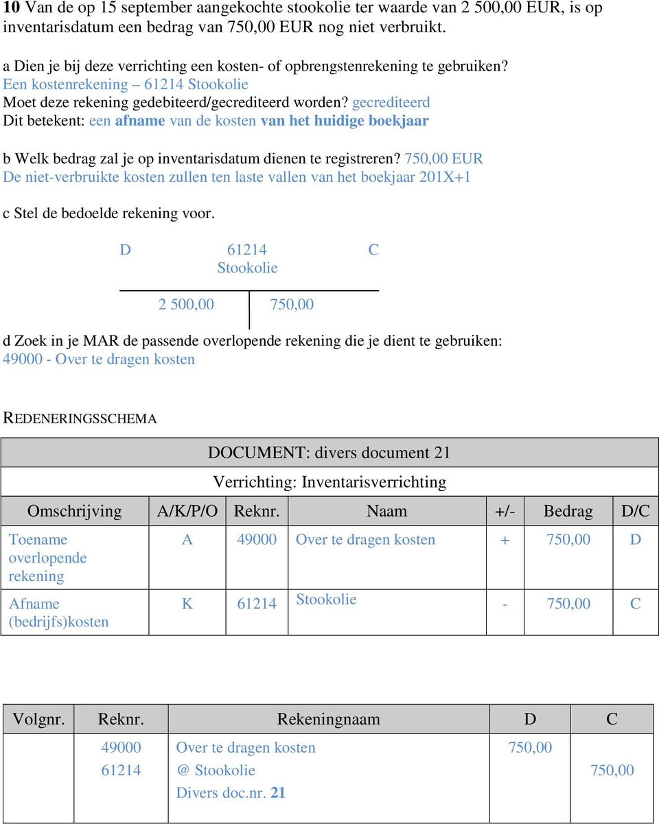 Een kosten 61214 Stookolie Dit betekent: een afname van de kosten van het huidige boekjaar b Welk bedrag zal je op inventarisdatum dienen te registreren?