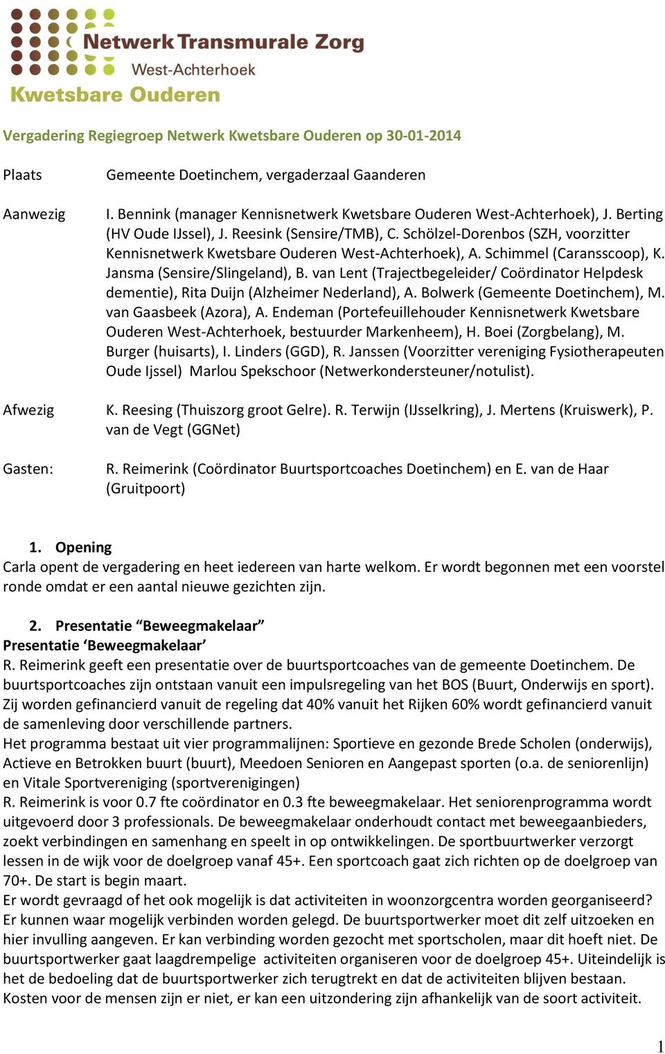 Jansma (Sensire/Slingeland), B. van Lent (Trajectbegeleider/ Coördinator Helpdesk dementie), Rita Duijn (Alzheimer Nederland), A. Bolwerk (Gemeente Doetinchem), M. van Gaasbeek (Azora), A.