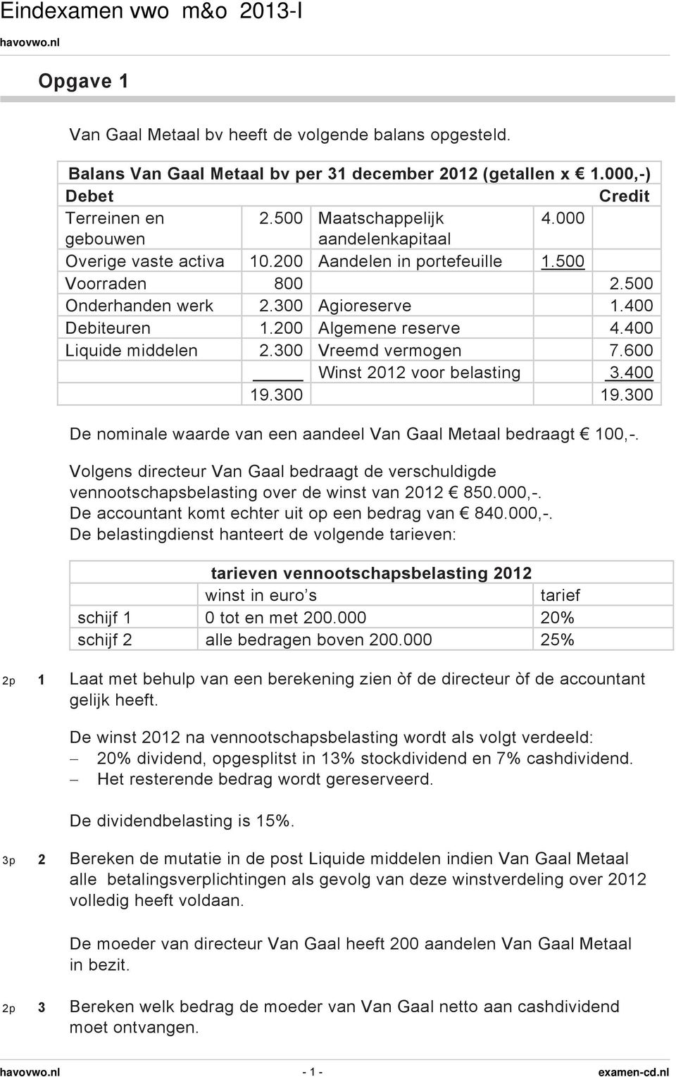 400 Liquide middelen 2.300 Vreemd vermogen 7.600 Winst 2012 voor belasting 3.400 19.300 19.300 De nominale waarde van een aandeel Van Gaal Metaal bedraagt 100,-.