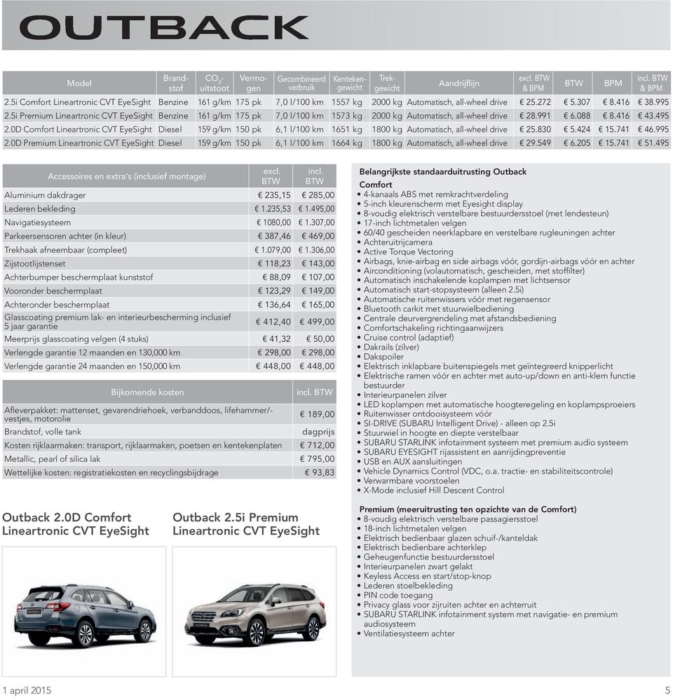 5i Premium Lineartronic CVT EyeSight Benzine 161 g/km 175 pk 7,0 l/100 km 1573 kg 2000 kg Automatisch, all-wheel drive 28.991 6.088 8.416 43.495 2.