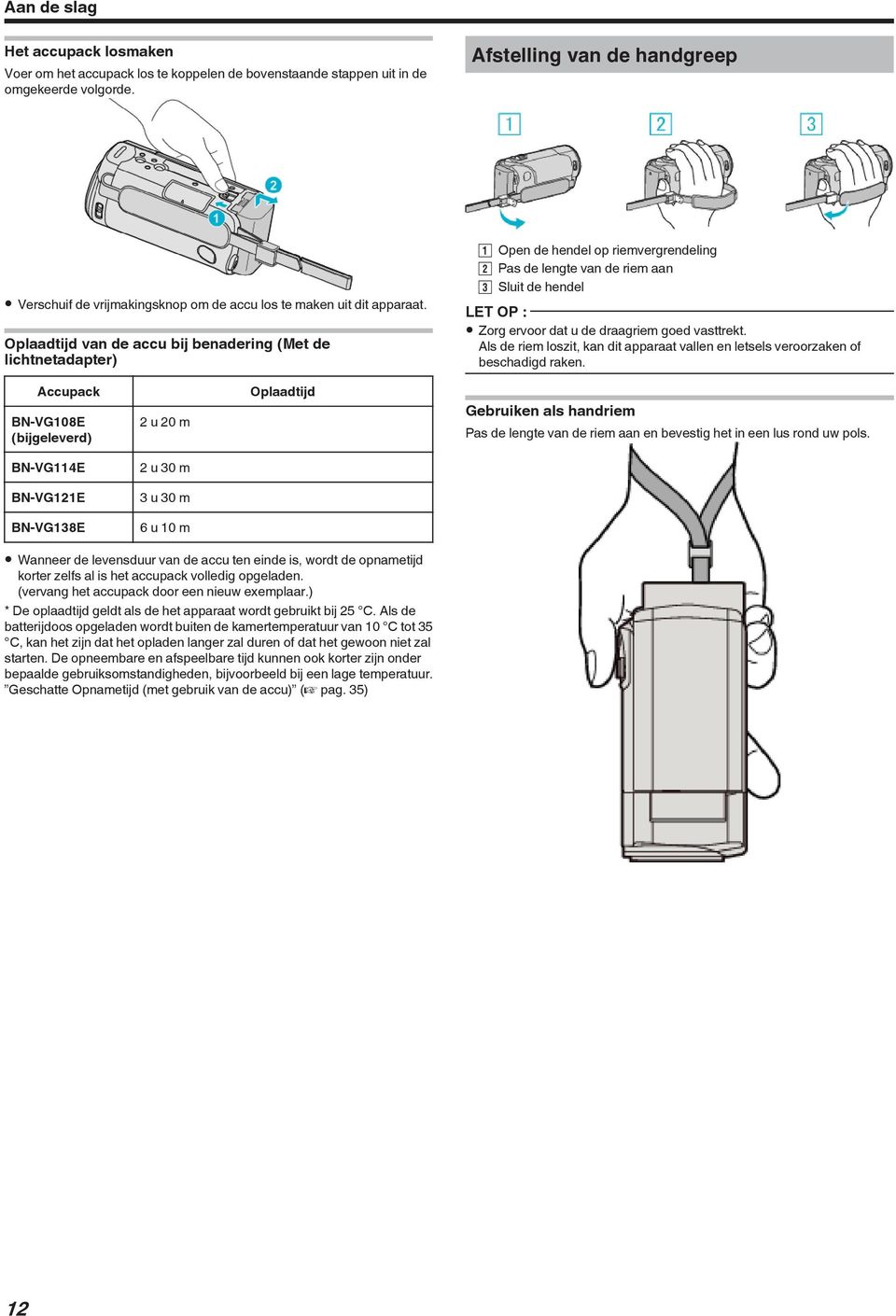 dat u de draagriem goed vasttrekt Als de riem loszit, kan dit apparaat vallen en letsels veroorzaken of beschadigd raken Accupack BN-VG108E (bijgeleverd) 2 u 20 m Oplaadtijd Gebruiken als handriem